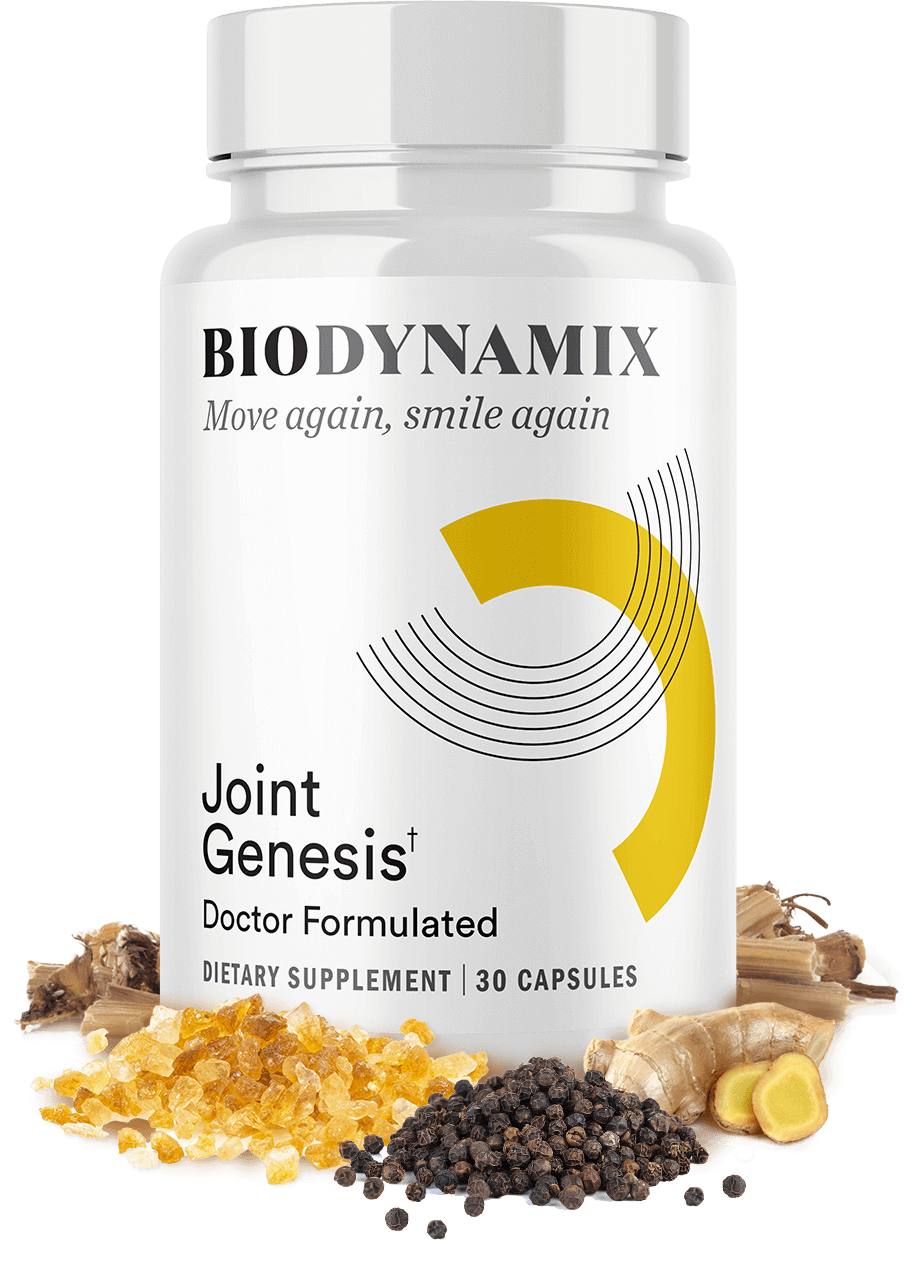 Joint Genesis supplement bottle presentation showing natural ingredients including Mobilee® for joint health support